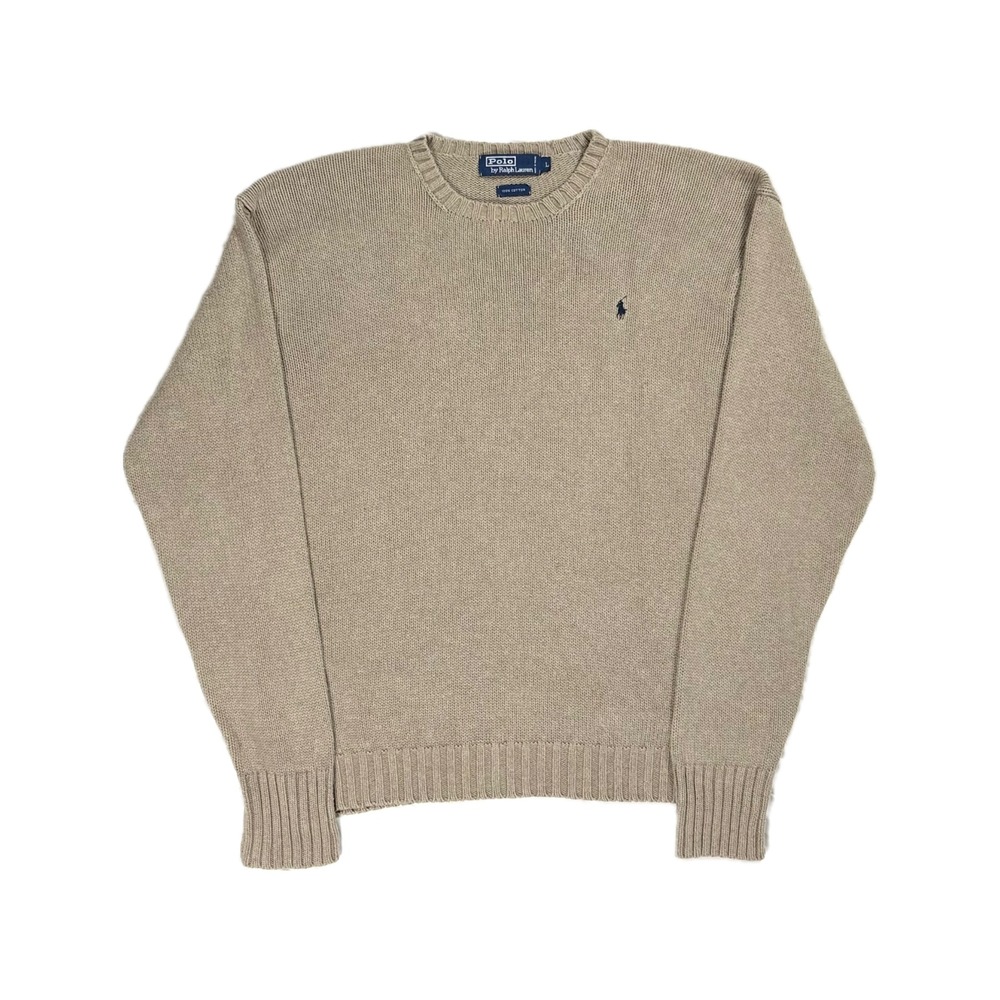 Vtg Polo Ralph Lauren 100% cotton khaki navy pony fisherman sweater men's large